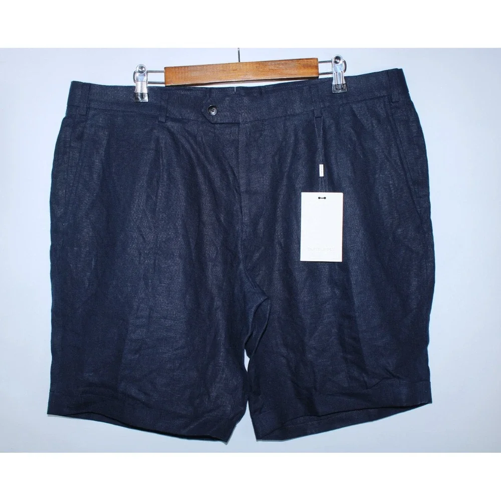NWT Suitsupply Men's Size IT 40/38 Waist Navy Blue Linen Bennington Pleat Shorts - Picture 1 of 11